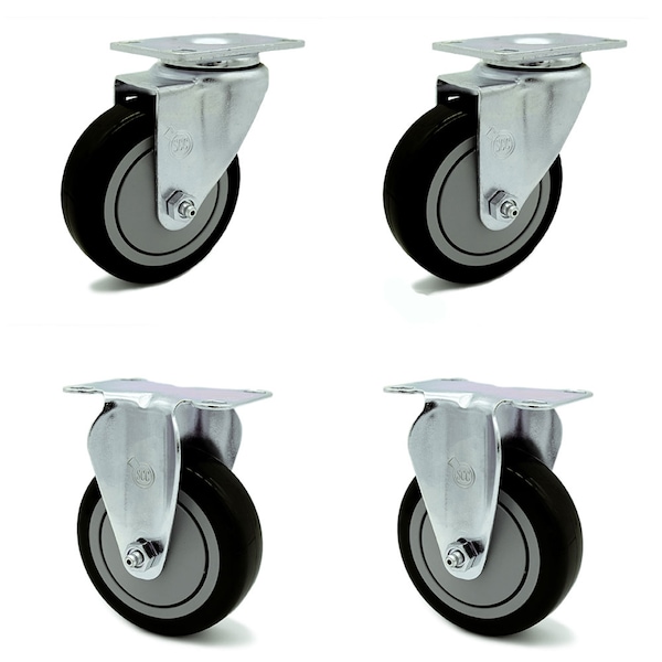 4 Inch Black Polyurethane Wheel Swivel Top Plate Caster Set with 2 Rigid SCC